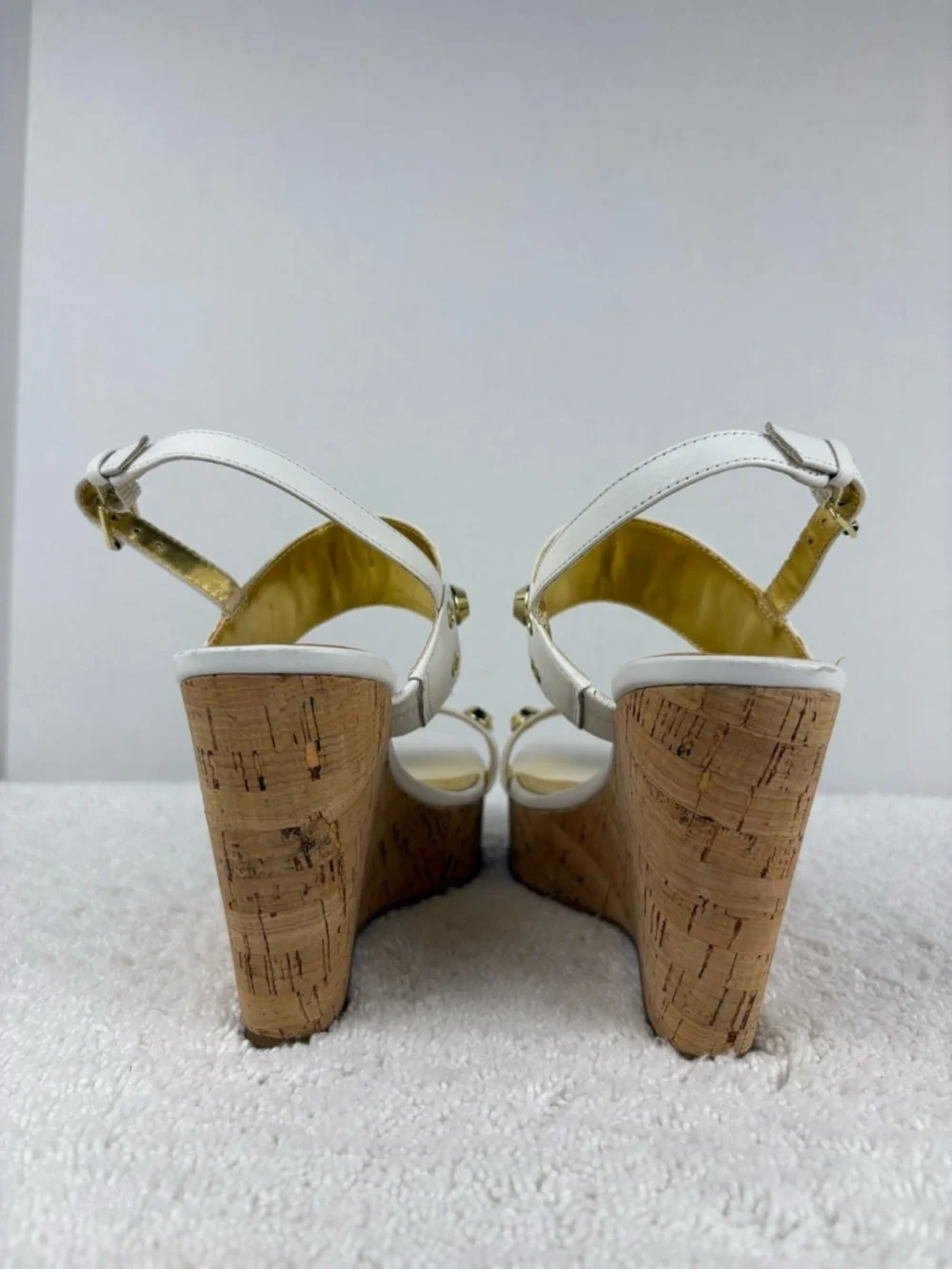 Ivanka Trump Gitty Wedge Sandals-White Leather Straps with Gold-Tone Hardware